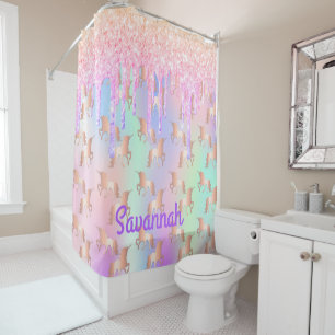 Rideaux De Douche Unicorn rose gouttes holographique fille