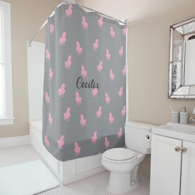 Rideaux De Douche Unicorne rose invisible sur gris (En situation)