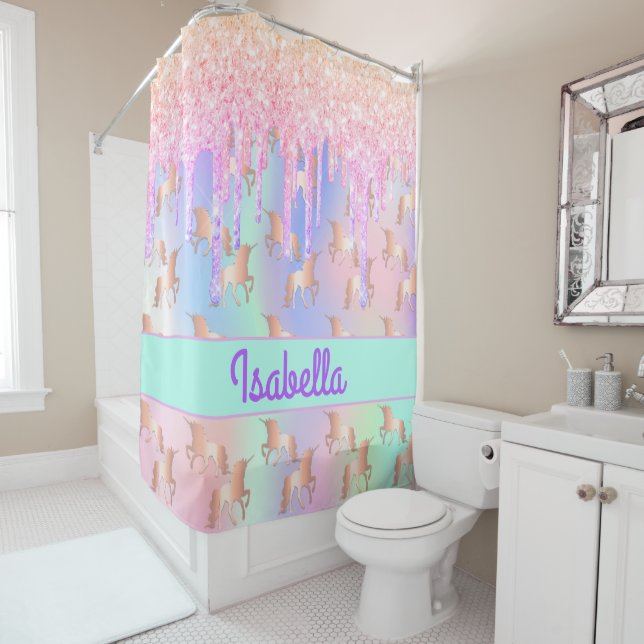 Rideaux De Douche Unicorns rose or menthe vert nom (En situation)