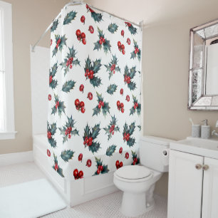 Rideaux De Douche Vacances Rustiques Noël Hiver Houx Baies