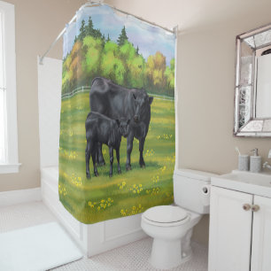 Rideaux De Douche Vache d'Angus noir et veau mou en pâturage d'été
