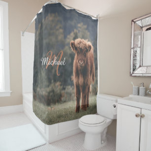 Rideaux De Douche Vache de Highland calvaire herbe d'automne monogra
