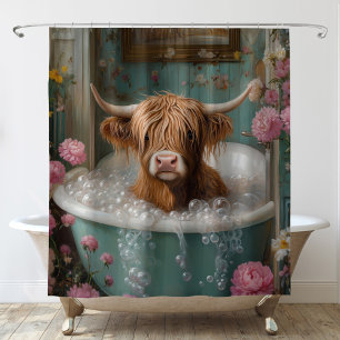 Rideaux De Douche Vache des Highlands dans une baignoire florale