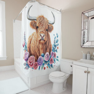 Rideaux De Douche Vache et fleurs des Highlands Aquarelle