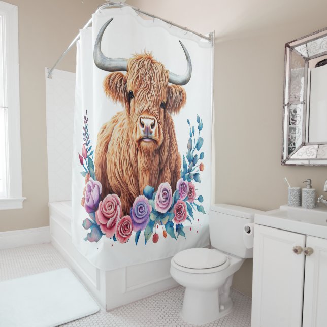 Rideaux De Douche Vache et fleurs des Highlands Aquarelle (En situation)