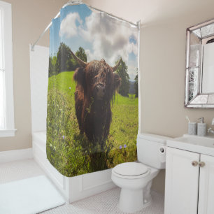 Rideaux De Douche Vache noire pâturage vert champ soleil