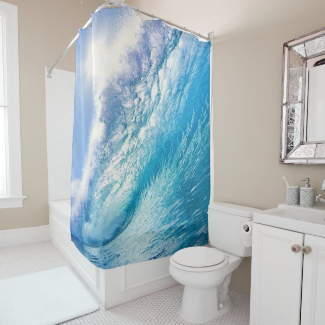 Rideaux De Douche Vague de surfeur océan bleu blanc  (En situation)