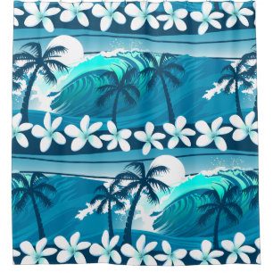 Rideaux De Douche Vague tropicale de surf avec des palmiers
