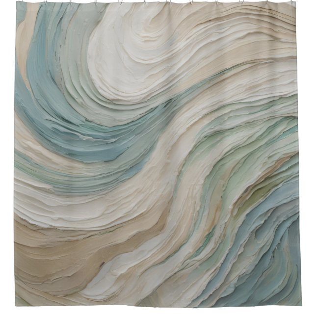 Rideaux De Douche Vagues Abstraites Bleu Vert Beige Côtiers (Devant)
