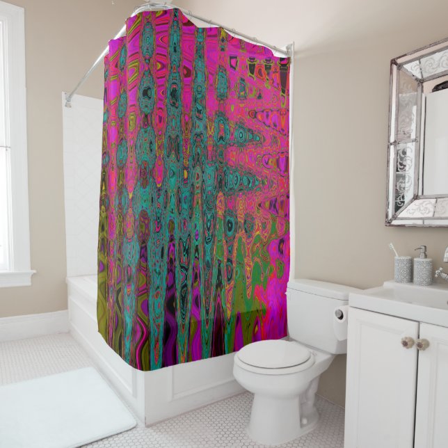 Rideaux De Douche Vagues atomiques Abstraites Turquoise Trippy (En situation)