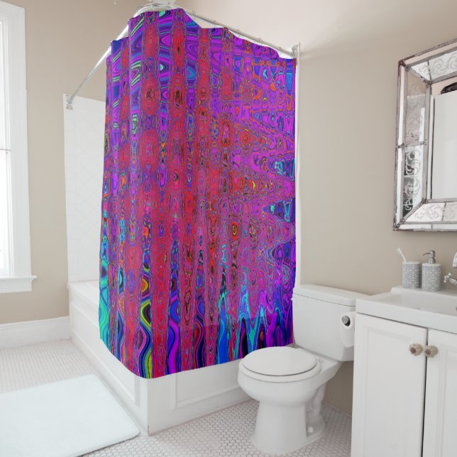 Rideaux De Douche Vagues atomiques rétro-Abstraites Trippy rouge et  (En situation)