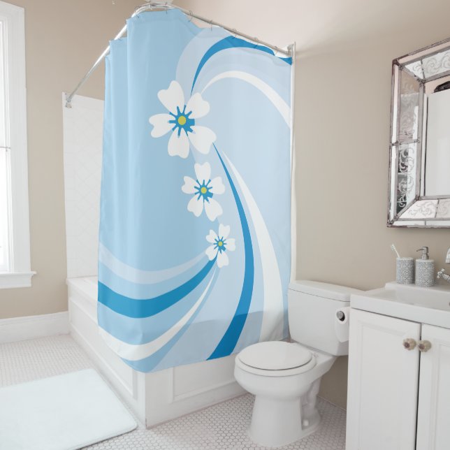 Rideaux De Douche Vagues bleues modernes avec fleurs Sakura (En situation)