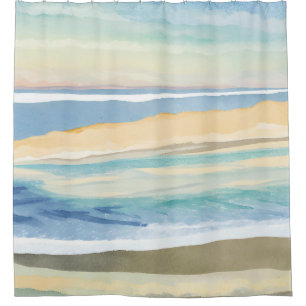 Rideaux De Douche Vagues de bleu   Aquarelle de la plage du bord de 