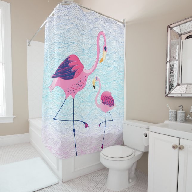 Rideaux De Douche Vagues D'Eau Abstraites Avec Flamants roses Roses (En situation)
