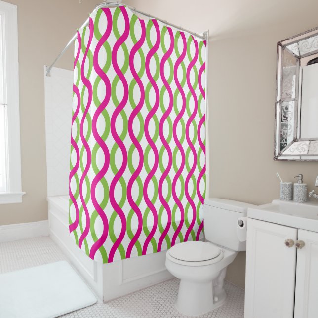 Rideaux De Douche Vagues enmêlées de vert et Fuchsia (En situation)