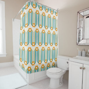 Rideaux De Douche Vagues et fleurs rétro, Turquoise, Aqua, Orange