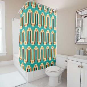 Rideaux De Douche Vagues et fleurs rétro, Turquoise, Orange, Chocola