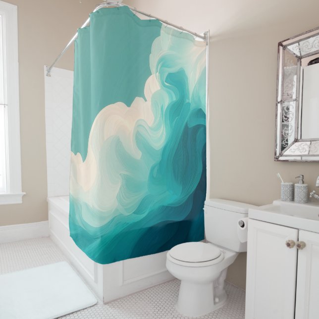 Rideaux De Douche Vagues fluides sarcelle et blanc (En situation)