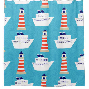 Rideaux De Douche Vagues nautiques : Motif de croiseur de phare.