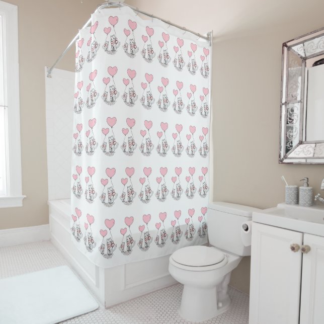 Rideaux De Douche Valentine's Day Shower Curtain, Cat Pink Hearts (En situation)