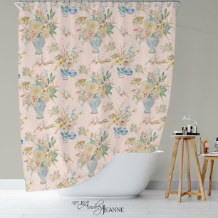 Rideaux De Douche Vase de style chinoiserie à fleurs rose blush pivo