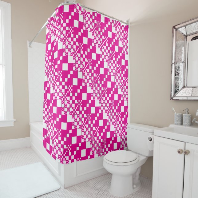 Rideaux De Douche Vérifié, Chèques en Magenta et Blanc (En situation)