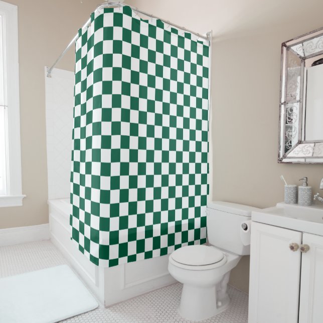 Rideaux De Douche Vert chasseresse et carreaux blancs (En situation)