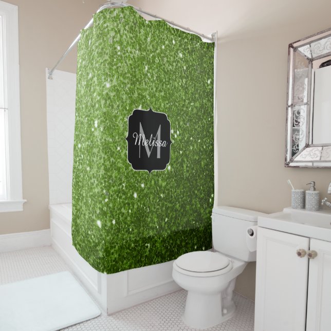 Rideaux De Douche Vert clair verdure paillettes scintillent Monogram (En situation)