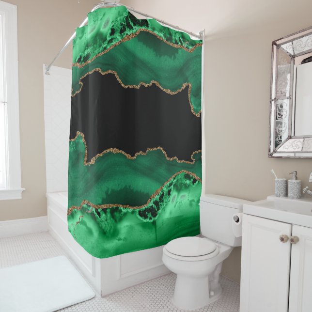 Rideaux De Douche Vert d'émeraude avec Agate d'or métallique (En situation)
