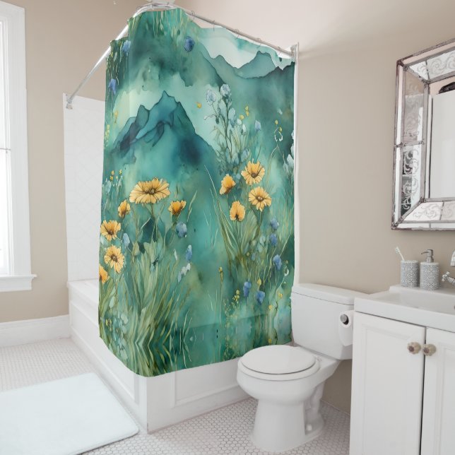 Rideaux De Douche Vert doux paysage aquarelle fleurs sauvages (En situation)