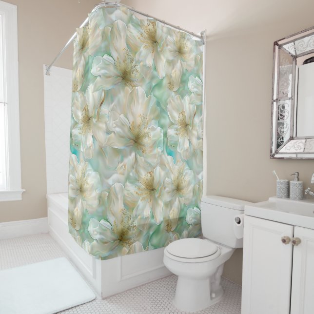 Rideaux De Douche Vert Luxueux Perle Floral Époustouflant (En situation)