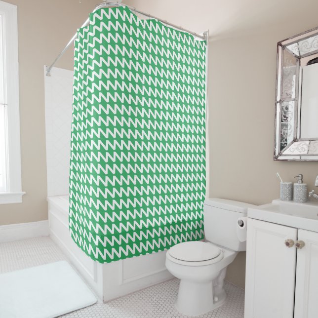 Rideaux De Douche Vert marine et blanc Moderne Vagues Sharp (En situation)