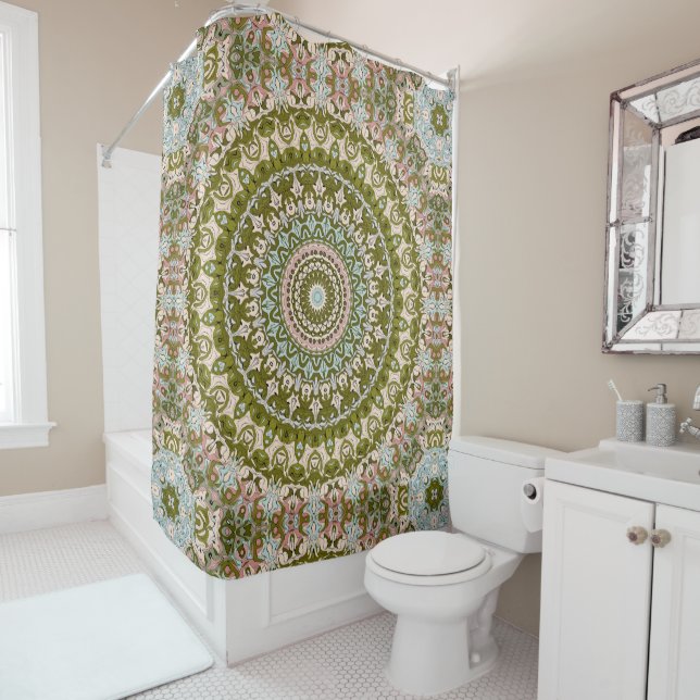 Rideaux De Douche Vert olive et motif mandala pastel (En situation)