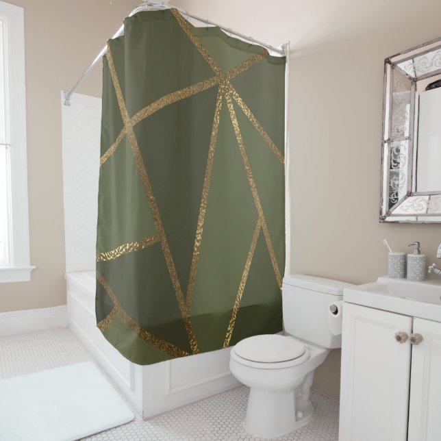 Rideaux De Douche Vert olive Or Bronze Géométrique Glam Chic (En situation)