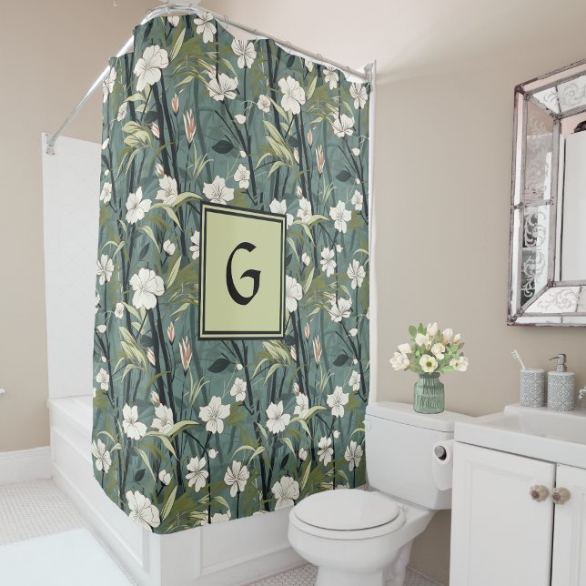 Rideaux De Douche Vert sauge Chinoiserie Floral Blanc Initiale  (Créateur téléchargé)