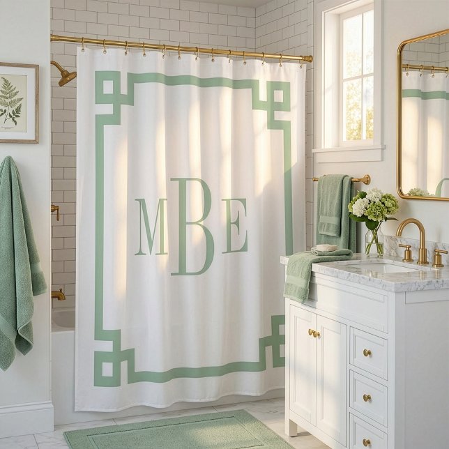 Rideaux De Douche Vert sauge et clé grecque blanche | Monogrammé (Créateur téléchargé)