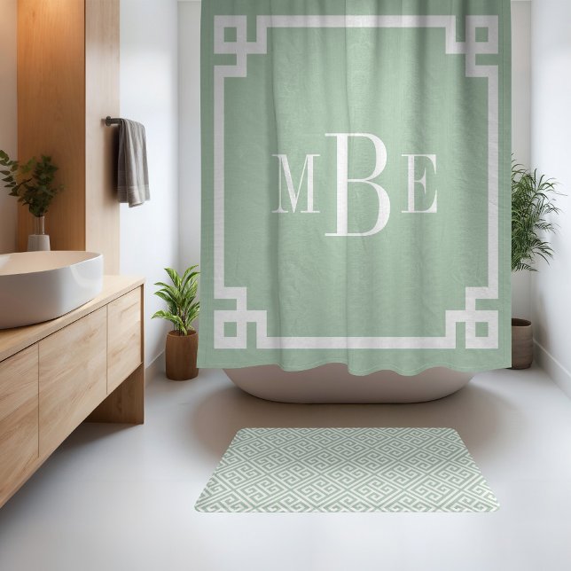Rideaux De Douche Vert sauge et clé grecque blanche | Monogramme (Créateur téléchargé)