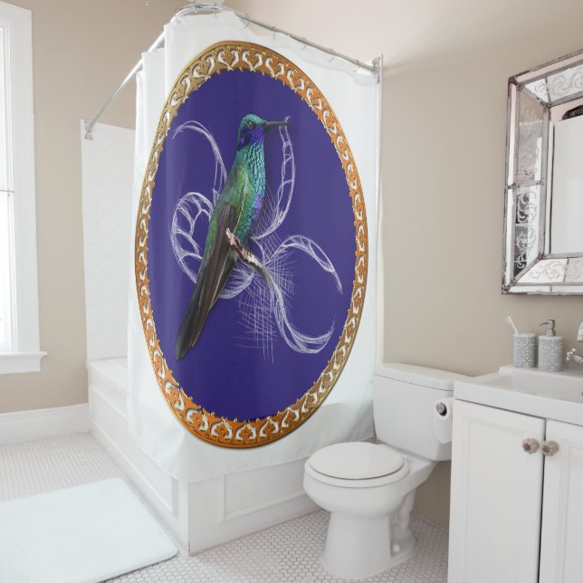 Rideaux De Douche Vert turquoise et bleu avec colibri violet (En situation)