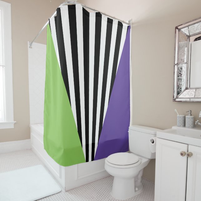 Rideaux De Douche Vert Violet Noir & Blanc Rayures Fantaisistes (En situation)