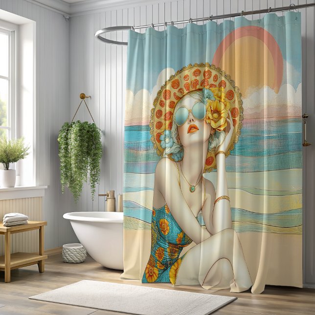 Rideaux De Douche Vibes de plage Fille glamour d'été en lunettes de  (Glamorous beach vibes for your bathroom decor.)