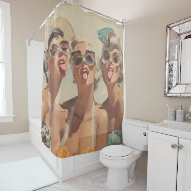 Rideaux De Douche Vibes Rétro Pin-Up de Plage (En situation)
