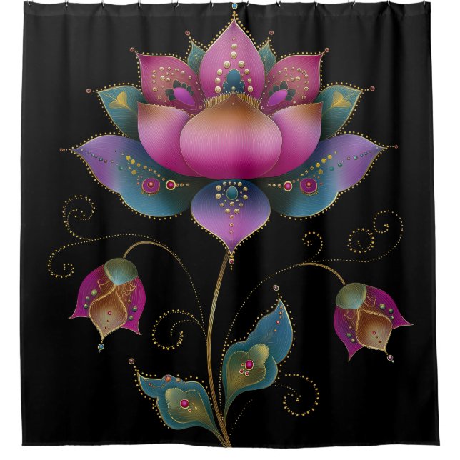 Rideaux De Douche Vibrant indien Mehndi Lotus Flower Rose Bleu Or (Devant)