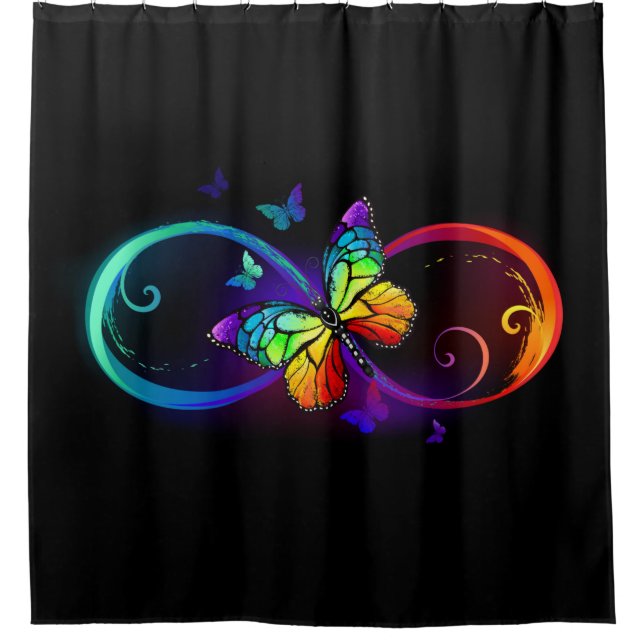 Rideaux De Douche Vibrant infinity with rainbow butterfly on black (Devant)