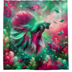 Rideaux De Douche "Vibrant Rose & Green Betta Fish Art"