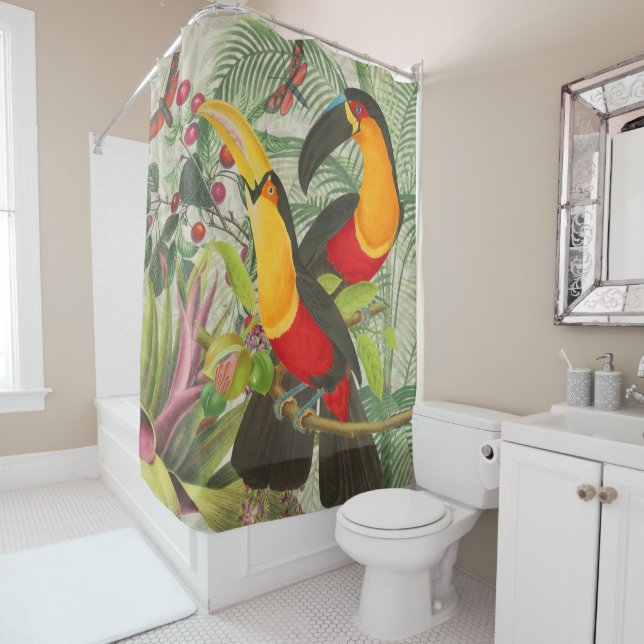 Rideaux De Douche Vibrant Tropical Toucan Birds Art Exotic Jungle (En situation)