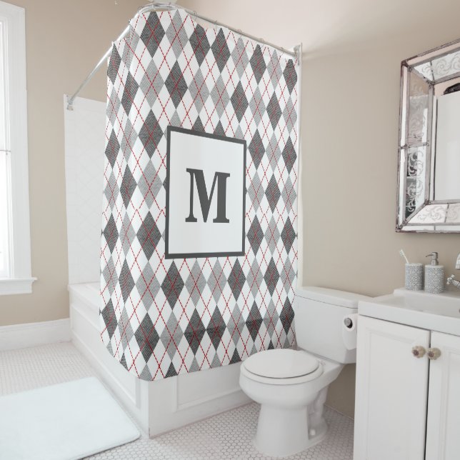 Rideaux De Douche Vichy Argyll Rouge Gris Argent Monogramme (En situation)