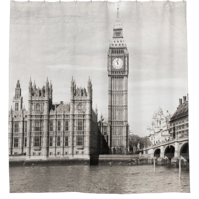 Rideaux De Douche Vieux Londres, noir et blanc. (Devant)