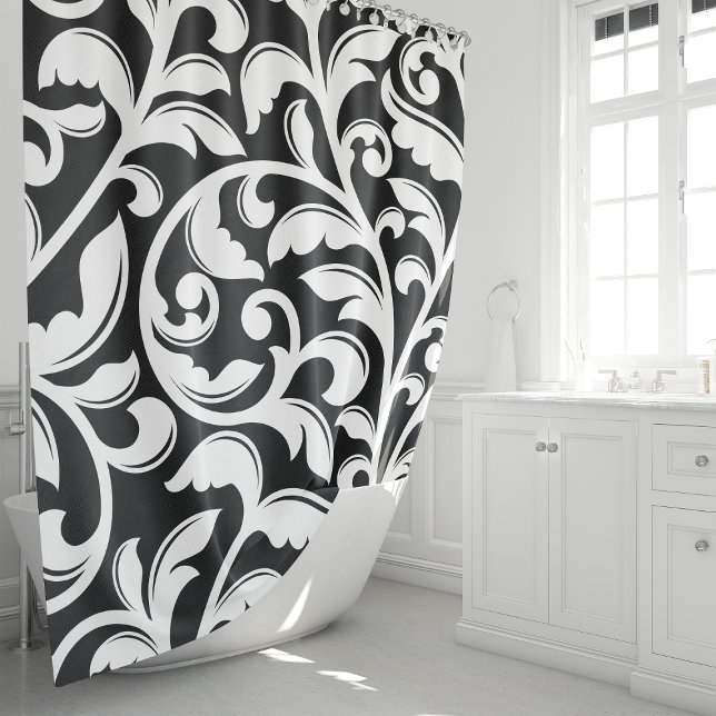 Rideaux De Douche Vigne florale en damas noir et blanc (Créateur téléchargé)