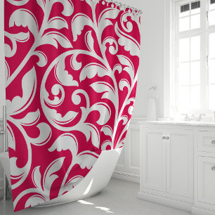 Rideaux De Douche Vigne florale en damas rose chaud