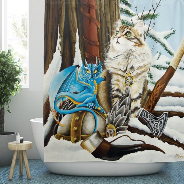 Rideaux De Douche Viking Cat and Blue Dragon (Créateur téléchargé)